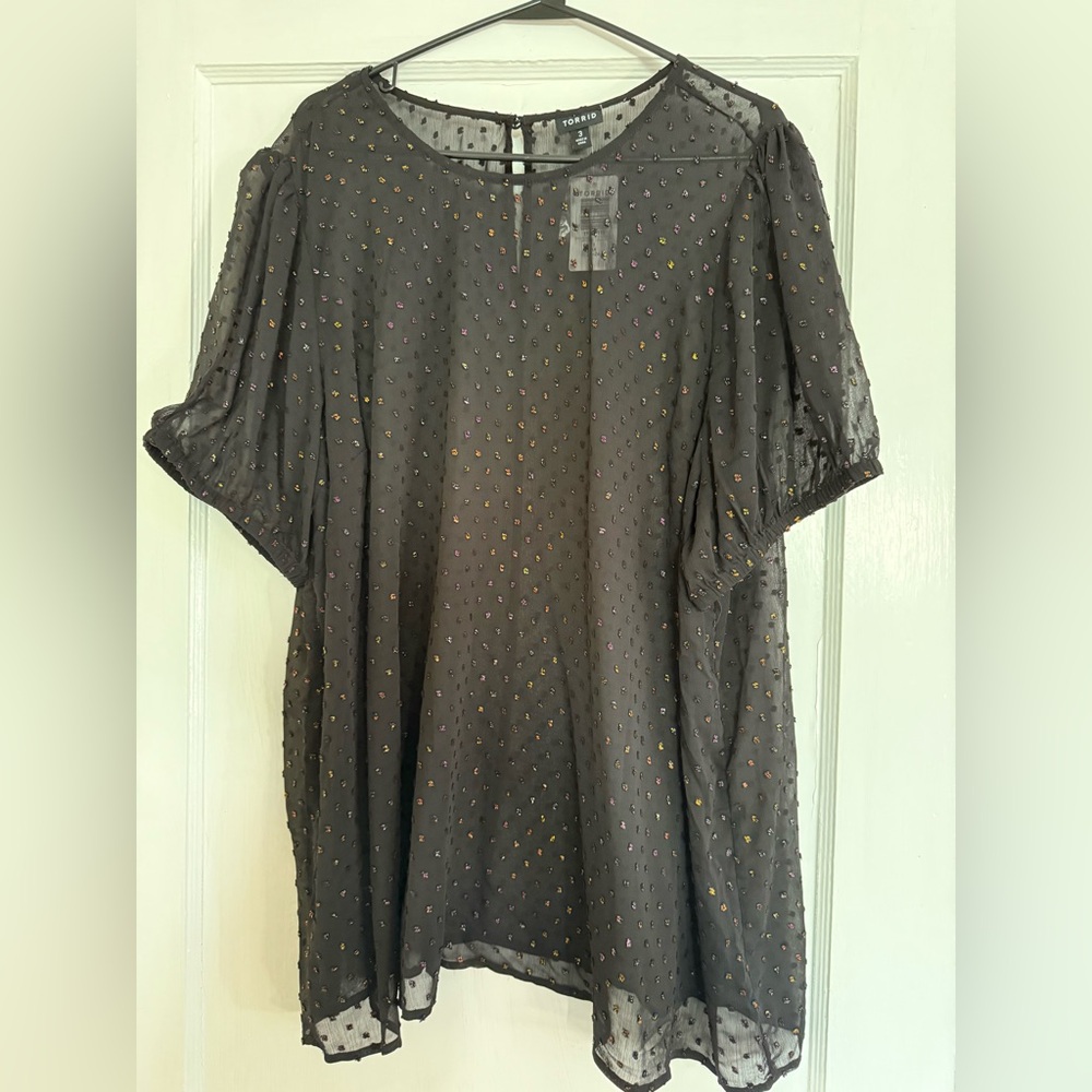 NWT Torrid Sheer Black Shirt with Colorful Dots